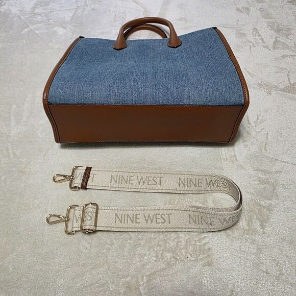 Nine West Jolene Blue Denim Tote Zip Pocket Snap Close Gold Hardware Adj Strap - Picture 6 of 11